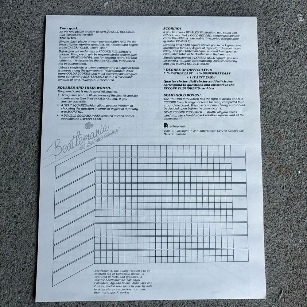 Beatlemania The Illustrated Treasury 11 Blank Score Sheets Only